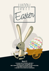 Happy Easter card with cute rabbit character carrying a painted egg in a small wooden cart,  editable vector illustration