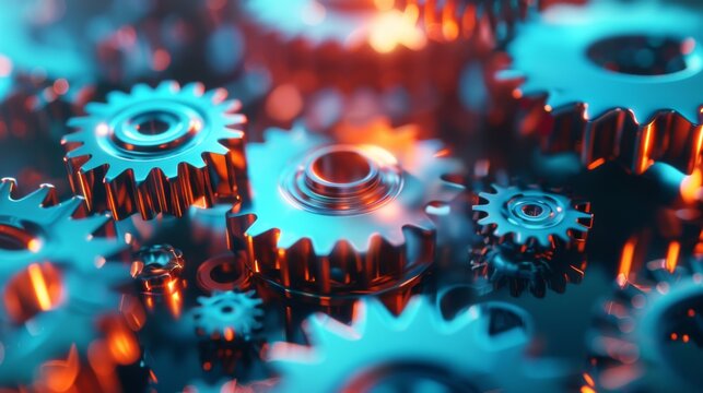 Vibrant gears meshing together in a seamless display of diverse teamwork and system synergy