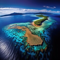 A group of islands in Oceania viewed from above on a sunny day