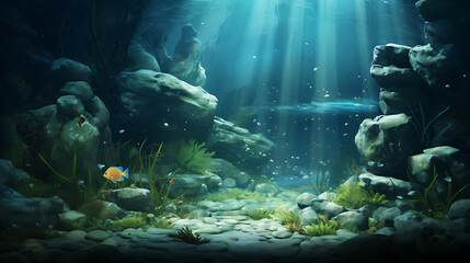 Show me underwater stones surrounded by aquatic plants and fish.