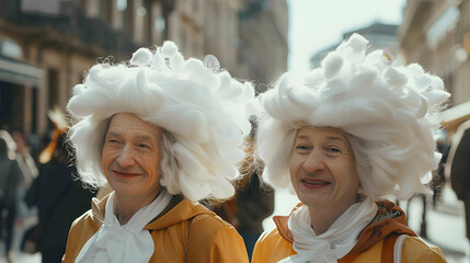 April Fools' Day. Two street performers in white wigs - obrazy, fototapety, plakaty