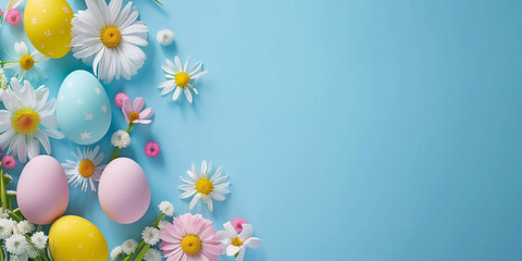 Colorful Easter eggs on a pastel background.