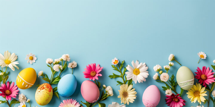 Colorful Easter eggs and spring flowers on a pastel background.