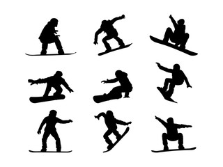 Fototapeta premium Set of Snowboarding riding Silhouette in various poses isolated on white background