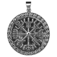 Silver pendant. Helmet of horror. Runic compass, futhark, runes, ravens and wolves of Odin. Viking style. Nordic tradition. Amulet. Valknut. Drakkar. Asatru Valhalla and Asgard.