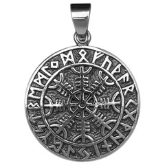 Silver pendant. Helmet of horror. Runic compass, futhark, runes, ravens and wolves of Odin. Viking style. Nordic tradition. Amulet. Valknut. Drakkar. Asatru Valhalla and Asgard.