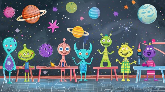 Alien Creatures Enjoying Crafts in a Space-Themed Room
