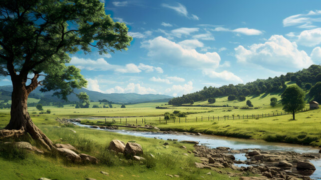 Photorealistic photo countryside Landscape, Painting, Serene Environment, Soft Natural Lighting, Calm Mood,
