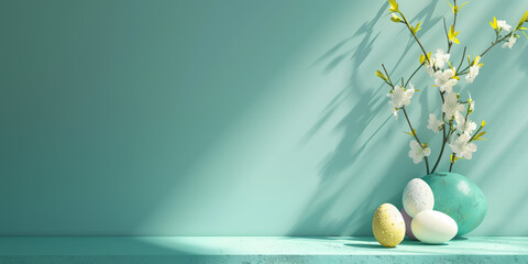 Easter eggs and flowers in a vase on a pastel background.