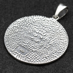 Silver pendant. Helmet of horror. Runic compass, futhark, runes, ravens and wolves of Odin. Viking style. Nordic tradition. Amulet. Valknut. Drakkar. Asatru Valhalla and Asgard.