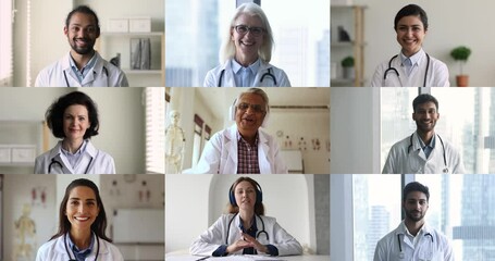 Multiple videos, collage view diverse multiethnic doctors, colleagues having virtual meeting to share opinions, knowledge, take part on-line seminar using videocall. Worldwide communication, medicine - Powered by Adobe