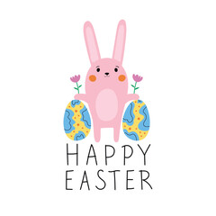 Colored vector illustration with rabbit, egg, stars and lettering text Happy Easter. Cute typography poster for spring holiday, greeting card template