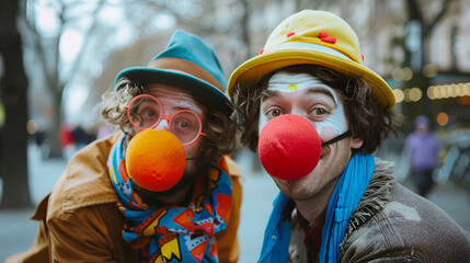 April Fools' Day. Two street performers in funny costumes and clown noses,  Happy Clown Decorative Elements - obrazy, fototapety, plakaty