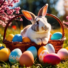 Fototapeta na wymiar Cute bunny rabbit with colorful easter eggs, traditional easter spring tradition