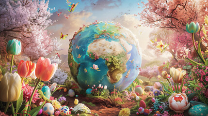 Obraz na płótnie Canvas A beautiful world globe at the center of a lush, blooming garden representing the entire planet in the full embrace of spring. Surrounding the globe are symbols of spring flower from around the world.