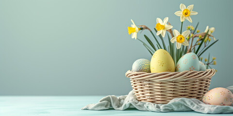 Woven wicker basket with colorful easter eggs, daffodils on table, plain pastel background.