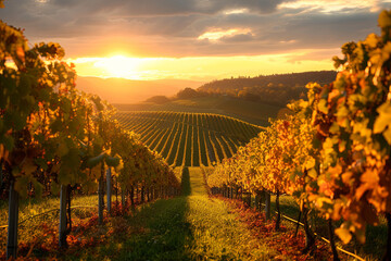 A vineyard at sunset in autumn
