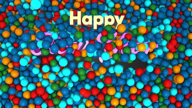 High Angle View Happy New Year 2025 3d Text Reveal Pushing Blue Colorful Ball Pit Balls Background 3d Rendering