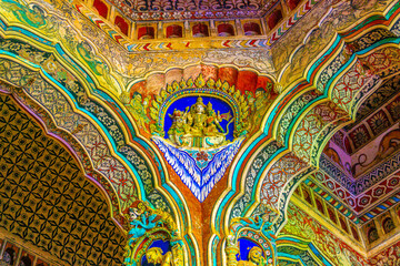 Thanjavur, Tamil Nadu, India - The high arches artworks and colorfully painted wall murals and...