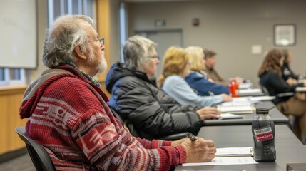 Adults from diverse age groups in a community college classroom, jotting notes highlight adult education's inclusivity.