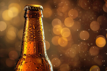 A backlit brown beer bottle with droplets and condensation
 - obrazy, fototapety, plakaty