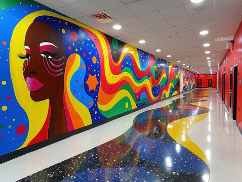 An artistic display on a middle school wall showcases student creativity and diversity.