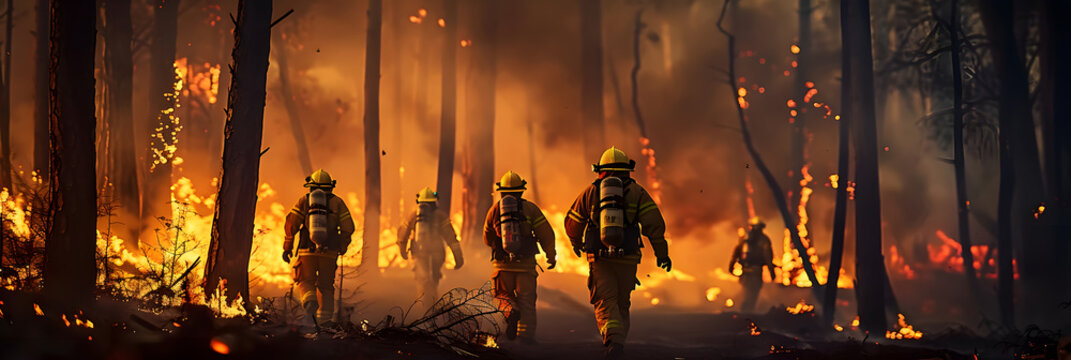 Volunteer firefighters combat a wild forest fire. Brave firemen running into burning forest.