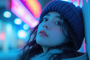 Sad Asian girl. Close-up portrait of beautiful young Asian woman in night city. Blurred background and neon lights of night city.