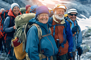 Obraz premium Active pensioners go mountaineering. group of elderly people with backpacks are climbing mountain.