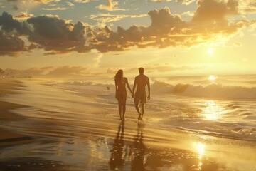 Fototapeta na wymiar The image captures a serene and romantic mood as two silhouetted figures walk hand-in-hand on a wet sandy beach at sunset, casting long shadows amidst gentle waves