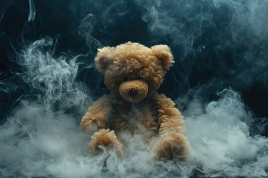 Teddy Bear Sits In Thick Cloud Of Tobacco Smoke. Concept Warning About Dangers Of Smoking For Children's Health. Protecting Children From Smoking Secondhand Smoke. Ai Generated, Illustration