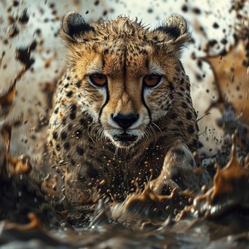 Cheetah quickly runs through dirty water and splashes fly away. Portrait of predator in its natural environment. High speed shooting