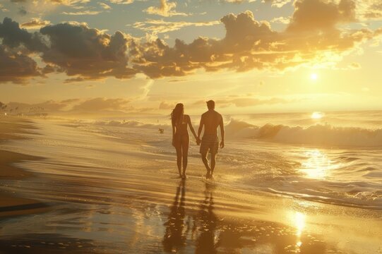 The image captures a serene and romantic mood as two silhouetted figures walk hand-in-hand on a wet sandy beach at sunset, casting long shadows amidst gentle waves