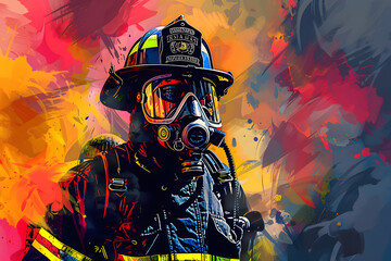 Portrait of firefighter or fireman in abstract mixed grunge colors vector art style. 