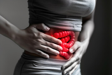 Stomach ulcer, woman with abdominal pain suffering on a gray background, symptoms of gastritis, diseases of the digestive system, health problems concept