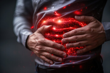 Stomach ulcer, man with abdominal pain suffering on a gray background, symptoms of gastritis, diseases of the digestive system, health problems concept