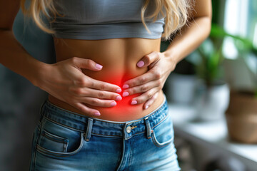 Menstrual pain, woman with stomachache suffering from pms at home, endometriosis, cystitis and other diseases of the urinary system, painful area highlighted in red - 745006185