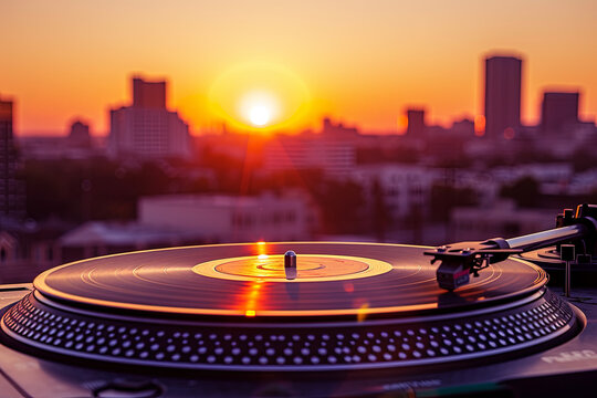 A turntable vinyl record player with a cityscape in the background during a sunset
