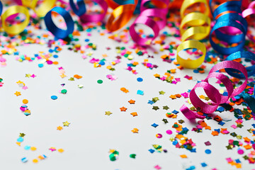 A festive party or carnival border with coiled streamers and confetti, featuring space for text