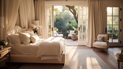 An image of a classic bedroom with French doors and elegant curtains.
