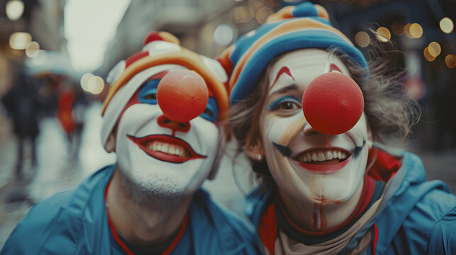 April Fools' Day. Two street performers in funny costumes and clown noses, Happy Clown Decorative Elements