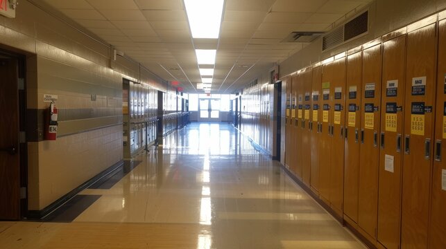 Middle school hallway empty and quiet, lockers open, waiting for the rush of students, highlighting the anticipation of school life.