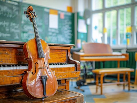 High school music room provides hands-on learning with instruments, blending education and creativity harmoniously.