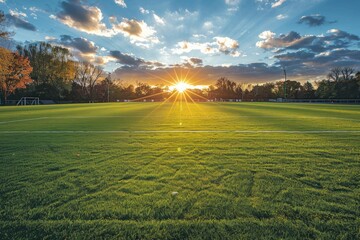 Fototapeta premium As the sun sets, goalposts cast shadows, epitomizing teamwork in high school sports and extracurricular life.
