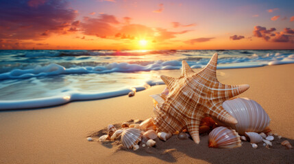 Fototapeta na wymiar Seashell on the summer beach in sea water. Summer background. Summer time.