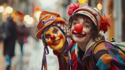 April Fools' Day. Two street performers in funny costumes and clown noses ,Happy Clown Decorative Elements - obrazy, fototapety, plakaty