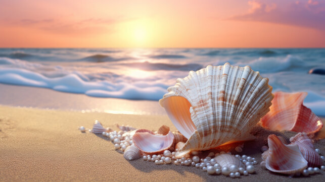 Seashell on the summer beach in sea water. Summer background. Summer time.