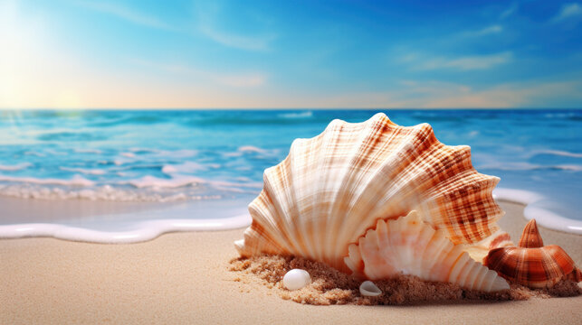 Seashell on the summer beach in sea water. Summer background. Summer time.