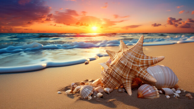 Seashell on the summer beach in sea water. Summer background. Summer time.