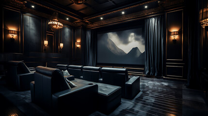 An image of a home theater with blackout curtains and plush theater seating. - obrazy, fototapety, plakaty